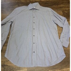 Armani Collezioni Men's 15.5 Gray/White Striped Cotton Long Sleeve Button-Up